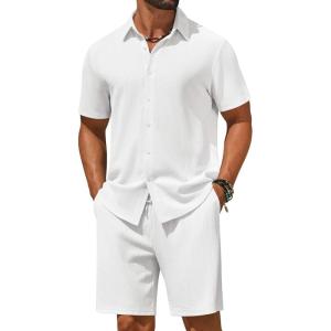 image:imageCOOFANDY Mens 2 Piece Outfit Casual Short Sleeve Button Down Shirt and Beach Shorts Set Summer Vacation Outfits for MenWhite