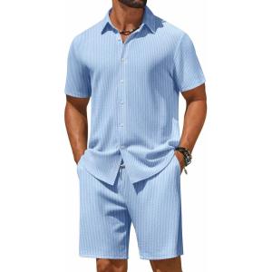 image:imageCOOFANDY Mens 2 Piece Outfit Casual Short Sleeve Button Down Shirt and Beach Shorts Set Summer Vacation Outfits for MenWhite Blue Stripe