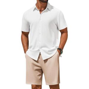 image:imageCOOFANDY Mens 2 Piece Outfit Casual Short Sleeve Button Down Shirt and Beach Shorts Set Summer Vacation Outfits for MenWhiteLight Khaki