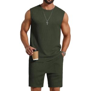 image:imageCOOFANDY Mens 2 Piece Outfits Beach Knit Jacquard Sleeveless Shirt and Shorts Sets Summer Athletic Vacation SetArmy Green