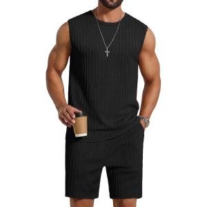 image:imageCOOFANDY Mens 2 Piece Outfits Beach Knit Jacquard Sleeveless Shirt and Shorts Sets Summer Athletic Vacation SetBlack