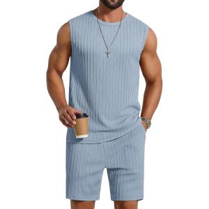 image:imageCOOFANDY Mens 2 Piece Outfits Beach Knit Jacquard Sleeveless Shirt and Shorts Sets Summer Athletic Vacation SetLight Blue