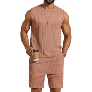 image:imageCOOFANDY Mens 2 Piece Outfits Beach Knit Jacquard Sleeveless Shirt and Shorts Sets Summer Athletic Vacation SetLight Khaki