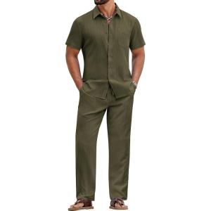 image:imageCOOFANDY Mens 2 Piece Sets Summer Outfits Short Sleeve Button Down Shirt Loose Pant Sets Beach Vacation OutfitsArmy Green