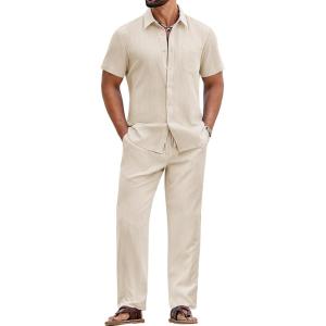 image:imageCOOFANDY Mens 2 Piece Sets Summer Outfits Short Sleeve Button Down Shirt Loose Pant Sets Beach Vacation OutfitsBeige
