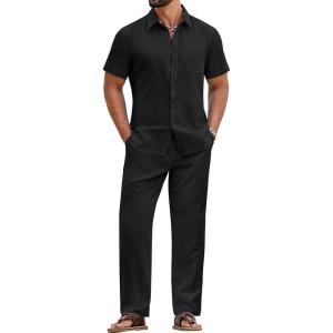 image:imageCOOFANDY Mens 2 Piece Sets Summer Outfits Short Sleeve Button Down Shirt Loose Pant Sets Beach Vacation OutfitsBlack