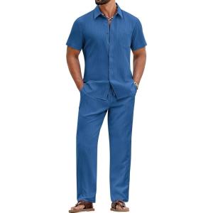 image:imageCOOFANDY Mens 2 Piece Sets Summer Outfits Short Sleeve Button Down Shirt Loose Pant Sets Beach Vacation OutfitsDenim Blue