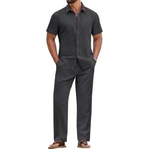 image:imageCOOFANDY Mens 2 Piece Sets Summer Outfits Short Sleeve Button Down Shirt Loose Pant Sets Beach Vacation OutfitsGrey