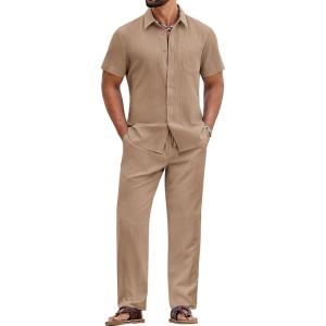 image:imageCOOFANDY Mens 2 Piece Sets Summer Outfits Short Sleeve Button Down Shirt Loose Pant Sets Beach Vacation OutfitsKhaki