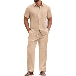 image:imageCOOFANDY Mens 2 Piece Sets Summer Outfits Short Sleeve Button Down Shirt Loose Pant Sets Beach Vacation OutfitsLight Khaki