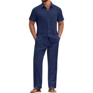image:imageCOOFANDY Mens 2 Piece Sets Summer Outfits Short Sleeve Button Down Shirt Loose Pant Sets Beach Vacation OutfitsNavy Blue