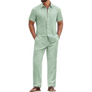 image:imageCOOFANDY Mens 2 Piece Sets Summer Outfits Short Sleeve Button Down Shirt Loose Pant Sets Beach Vacation OutfitsSage Green