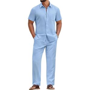 image:imageCOOFANDY Mens 2 Piece Sets Summer Outfits Short Sleeve Button Down Shirt Loose Pant Sets Beach Vacation OutfitsSky Blue