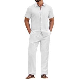 image:imageCOOFANDY Mens 2 Piece Sets Summer Outfits Short Sleeve Button Down Shirt Loose Pant Sets Beach Vacation OutfitsWhite