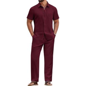 image:imageCOOFANDY Mens 2 Piece Sets Summer Outfits Short Sleeve Button Down Shirt Loose Pant Sets Beach Vacation OutfitsWine Red