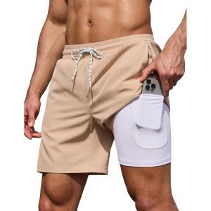 image:imageCOOFANDY Mens 7 Swim Trunks with Compression Liner Stretch Swimming Shorts with Zipper PocketsKhaki