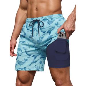 image:imageCOOFANDY Mens 7 Swim Trunks with Compression Liner Stretch Swimming Shorts with Zipper PocketsLight Blue  Whales