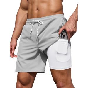 image:imageCOOFANDY Mens 7 Swim Trunks with Compression Liner Stretch Swimming Shorts with Zipper PocketsLight Grey