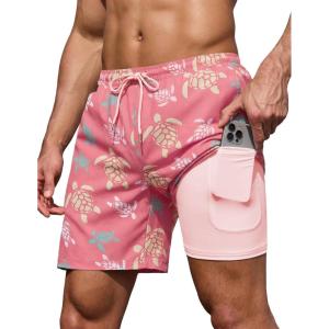 image:imageCOOFANDY Mens 7 Swim Trunks with Compression Liner Stretch Swimming Shorts with Zipper PocketsPink  Turtles