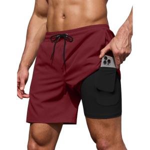 image:imageCOOFANDY Mens 7 Swim Trunks with Compression Liner Stretch Swimming Shorts with Zipper PocketsWine