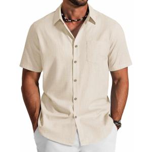 image:imageCOOFANDY Mens Button Down Shirt Short Sleeve Cotton Casual Summer Shirts Textured Beach Vacation Shirts for MenBeige