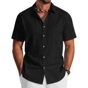 image:imageCOOFANDY Mens Button Down Shirt Short Sleeve Cotton Casual Summer Shirts Textured Beach Vacation Shirts for MenBlack