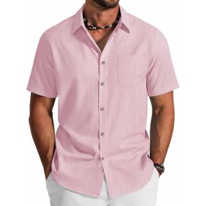 image:imageCOOFANDY Mens Button Down Shirt Short Sleeve Cotton Casual Summer Shirts Textured Beach Vacation Shirts for MenIcy Pink