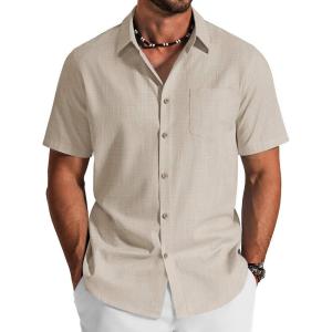 image:imageCOOFANDY Mens Button Down Shirt Short Sleeve Cotton Casual Summer Shirts Textured Beach Vacation Shirts for MenKhaki
