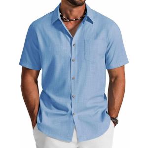 image:imageCOOFANDY Mens Button Down Shirt Short Sleeve Cotton Casual Summer Shirts Textured Beach Vacation Shirts for MenLight Blue