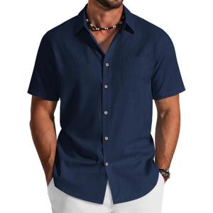 image:imageCOOFANDY Mens Button Down Shirt Short Sleeve Cotton Casual Summer Shirts Textured Beach Vacation Shirts for MenNavy Blue