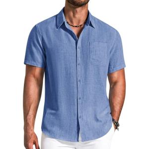 image:imageCOOFANDY Mens Button Down Shirts Short Sleeve Casual Shirt Summer Beach Textured ShirtsBright Blue