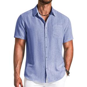 image:imageCOOFANDY Mens Button Down Shirts Short Sleeve Casual Shirt Summer Beach Textured ShirtsDark Blue