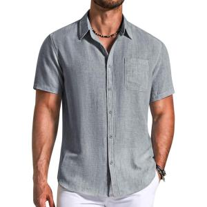 image:imageCOOFANDY Mens Button Down Shirts Short Sleeve Casual Shirt Summer Beach Textured ShirtsDark Grey