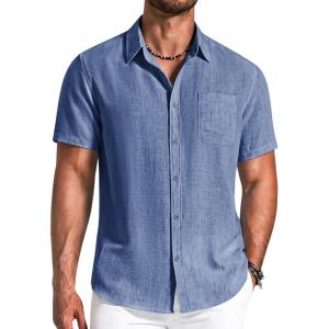 image:imageCOOFANDY Mens Button Down Shirts Short Sleeve Casual Shirt Summer Beach Textured ShirtsDenim Blue