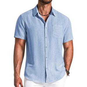 image:imageCOOFANDY Mens Button Down Shirts Short Sleeve Casual Shirt Summer Beach Textured ShirtsLight Blue