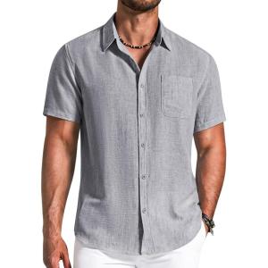 image:imageCOOFANDY Mens Button Down Shirts Short Sleeve Casual Shirt Summer Beach Textured ShirtsLight Grey