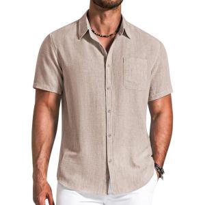 image:imageCOOFANDY Mens Button Down Shirts Short Sleeve Casual Shirt Summer Beach Textured ShirtsLight Khaki