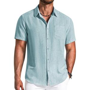 image:imageCOOFANDY Mens Button Down Shirts Short Sleeve Casual Shirt Summer Beach Textured ShirtsMint Green