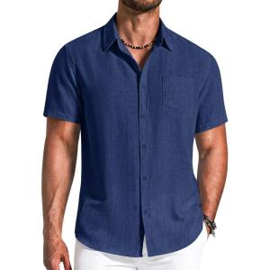 image:imageCOOFANDY Mens Button Down Shirts Short Sleeve Casual Shirt Summer Beach Textured ShirtsNavy Blue