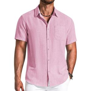 image:imageCOOFANDY Mens Button Down Shirts Short Sleeve Casual Shirt Summer Beach Textured ShirtsPink
