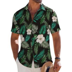 image:imageCOOFANDY Mens Button Down Short Sleeve Shirt Casual Beach Shirt Summer Vacation Textured ShirtsBlackgreen Leaves
