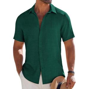 image:imageCOOFANDY Mens Button Down Short Sleeve Shirt Casual Beach Shirt Summer Vacation Textured ShirtsGreen