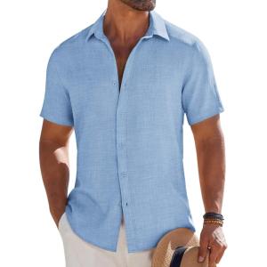 image:imageCOOFANDY Mens Button Down Short Sleeve Shirt Casual Beach Shirt Summer Vacation Textured ShirtsSky Blue