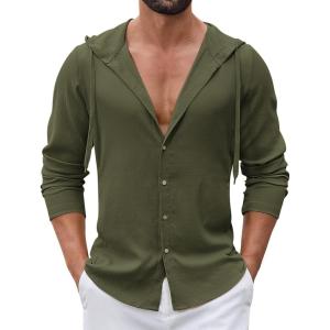 image:imageCOOFANDY Mens Casual Button Down Shirt Summer Beach Shirts Lightweight Hoodie Sun Protection Coverup for Travel VacationArmy Green