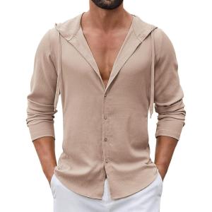 image:imageCOOFANDY Mens Casual Button Down Shirt Summer Beach Shirts Lightweight Hoodie Sun Protection Coverup for Travel VacationKhaki