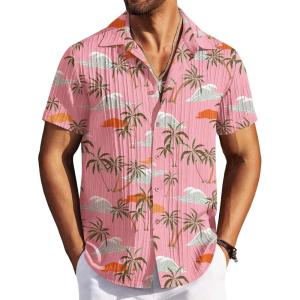 image:imageCOOFANDY Mens Casual Button Down Shirts Short Sleeve Textured Summer Beach ShirtsPink Coconut Tree  Sea