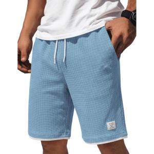 image:imageCOOFANDY Mens Casual Shorts Cotton Drawstring 9 inch Waffle Shorts Stretch Elastic Waist Summer Beach Lounge Sweat ShortsLight Blue