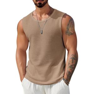 image:imageCOOFANDY Mens Casual Tank Tops 2 Pack Waffle Knit Sleeveless Shirt Breathable Tank Shirts Summer Muscle TeeKhaki