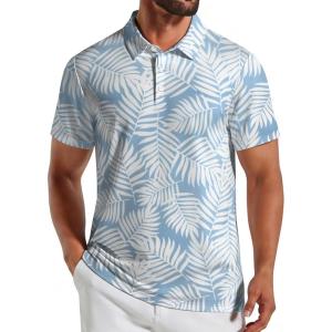 image:imageCOOFANDY Mens Golf Polo Shirts Short Sleeve Quick Dry Performance Moisture Wicking Golf Shirts Casual Print Collared ShirtBlue White Leaf