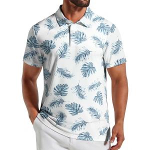 image:imageCOOFANDY Mens Golf Polo Shirts Short Sleeve Quick Dry Performance Moisture Wicking Golf Shirts Casual Print Collared ShirtWhite Blue Leaf